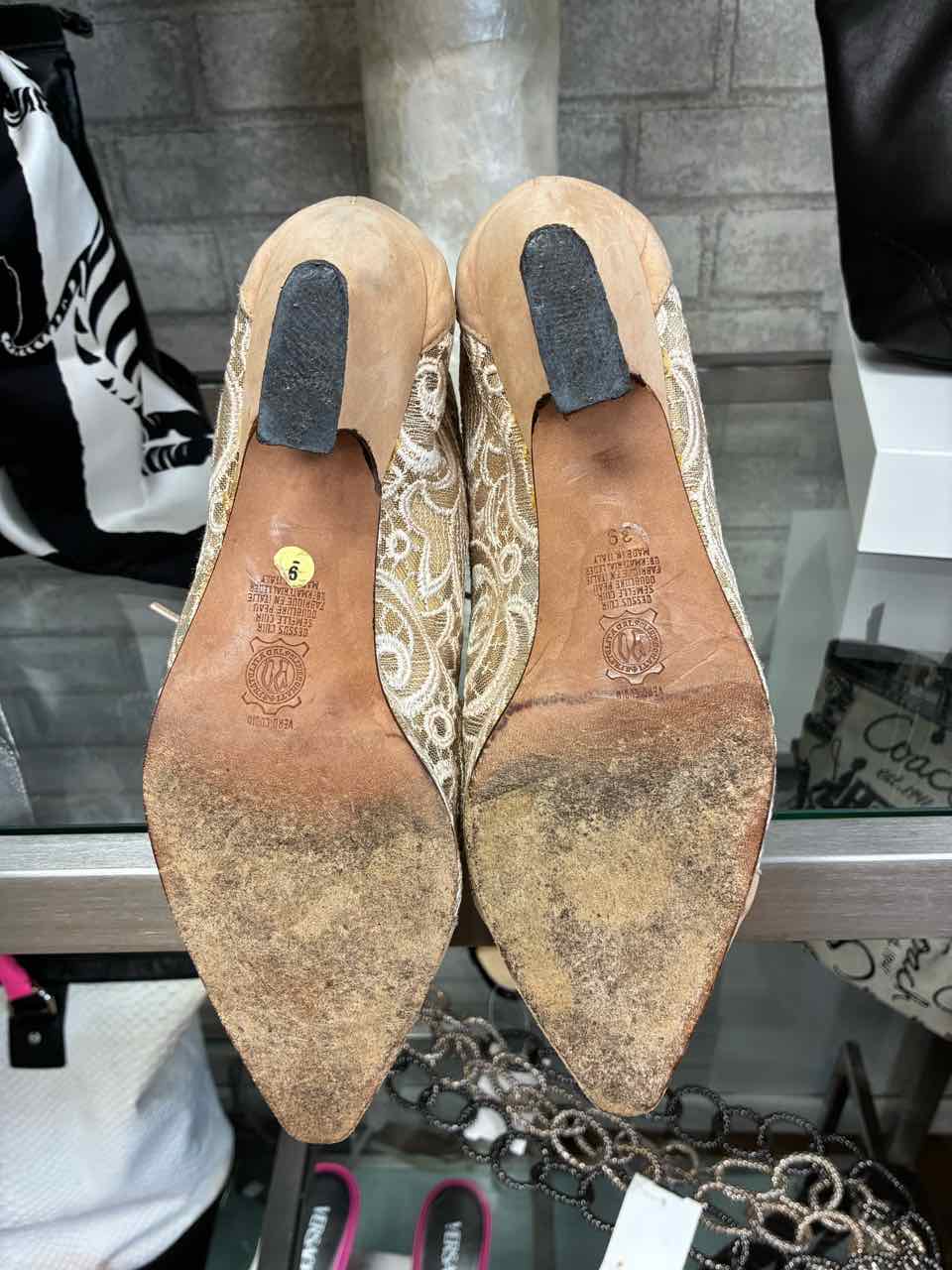 Dolly Duz Vintage Tan Leather and Sheer embroidered Lace Panels. Size 39