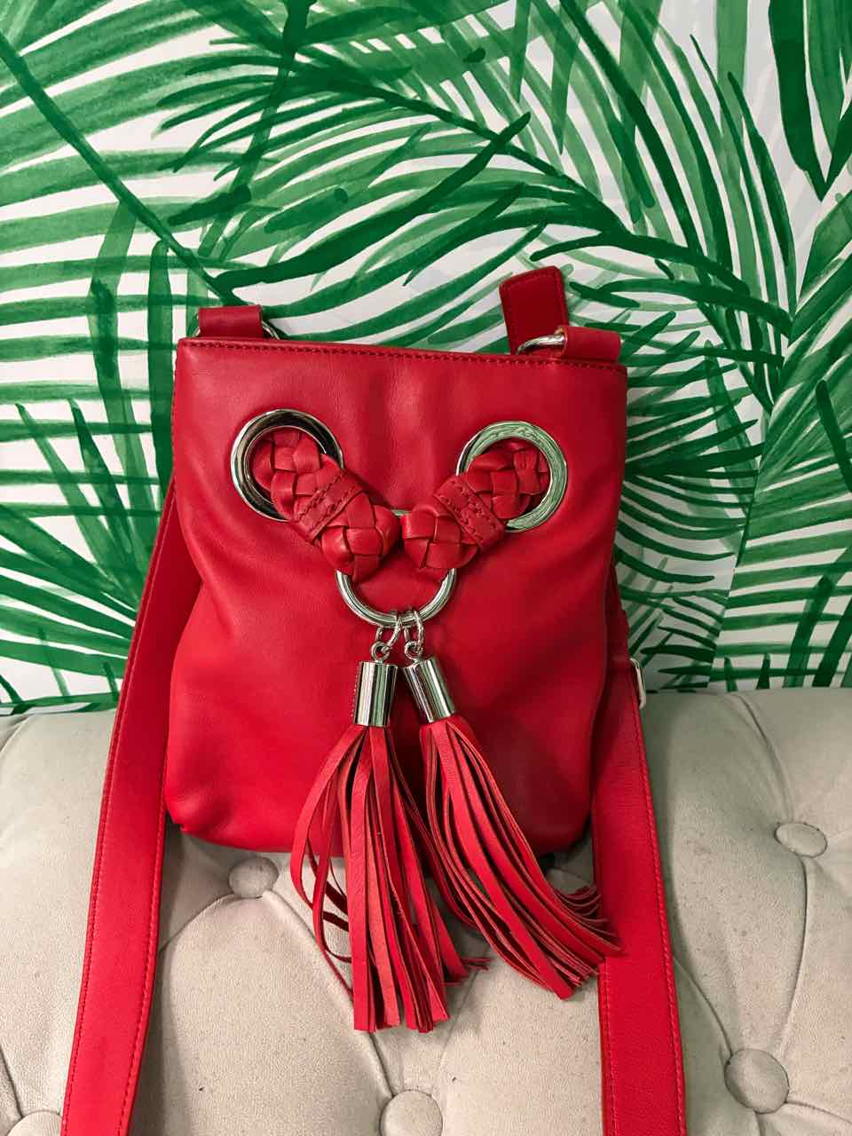 Micheal Kors Red Leather Crossbody Bag w/ Silver Grommet and Fringe Tassel