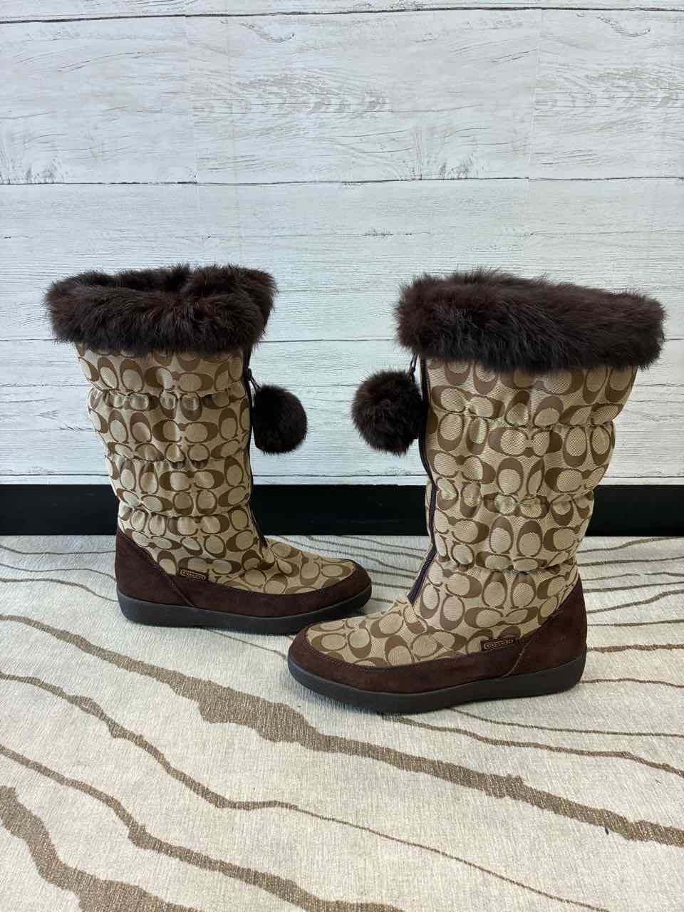 Coach Brown Monogram Theona Signature Tall Boots with Fur Size 11