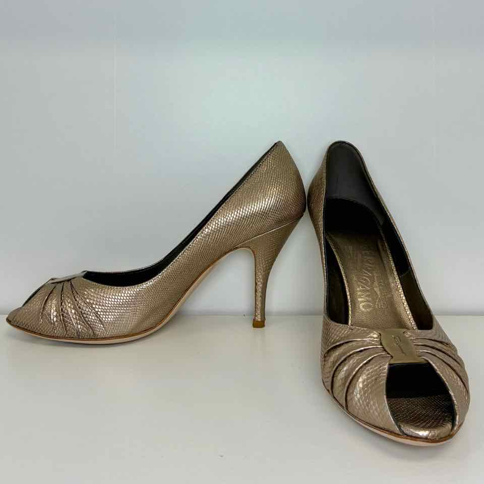 Ferragamo Bronze Peep Toe Tiberia Snakeskin Pumps  8