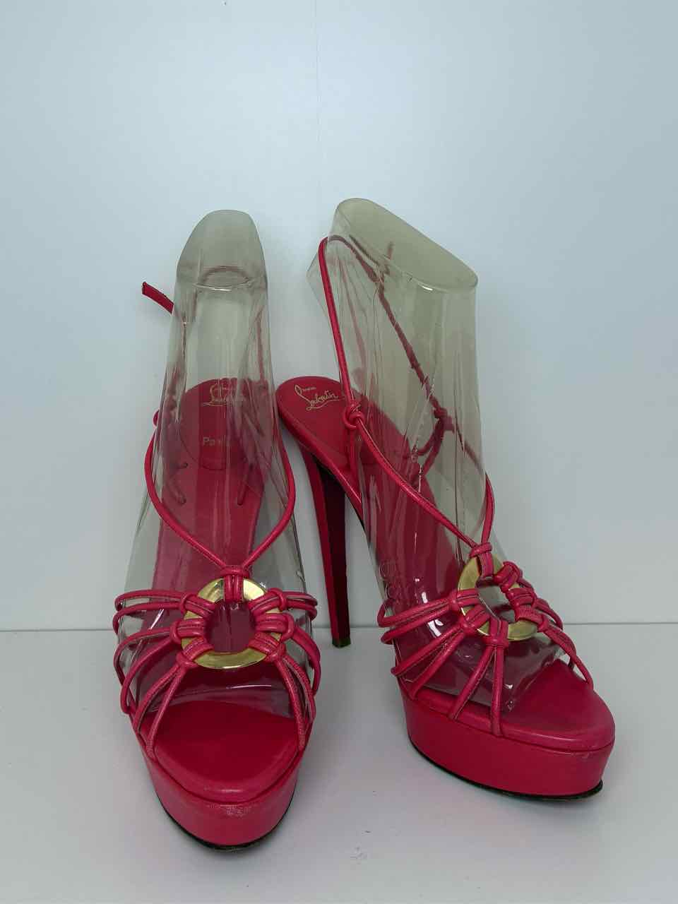 Louboutin Size 8.5 Coral Strappy Stilettos with Gold Buckle