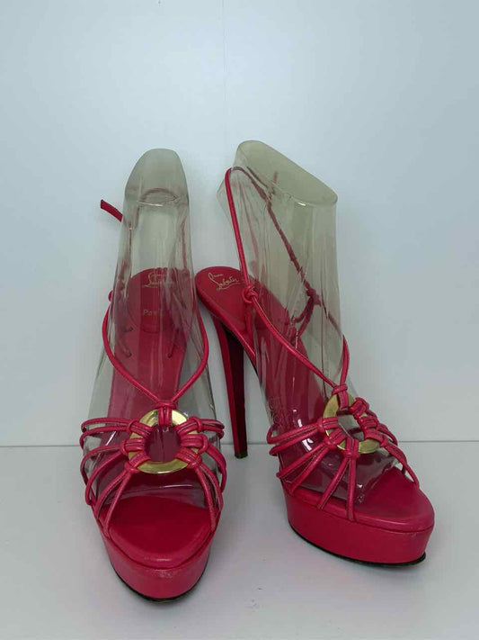 Louboutin Size 8.5 Coral Strappy Stilettos with Gold Buckle