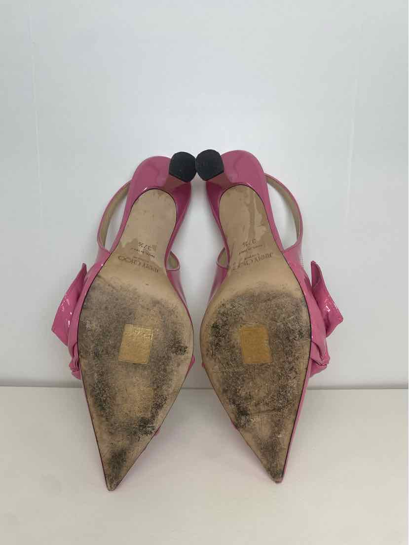 Jimmy Choo Size 37.5 Candy Pink Patent Leather Slingback Pumps w/ Twisted Bow