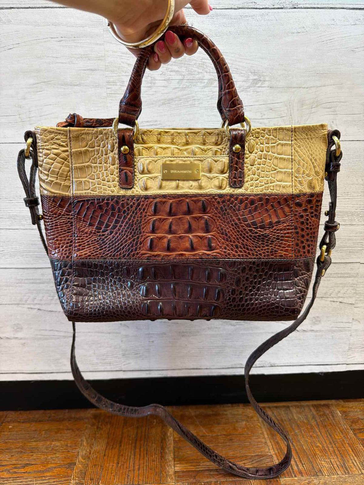 Brahmin tri color croc embossed leather satchel