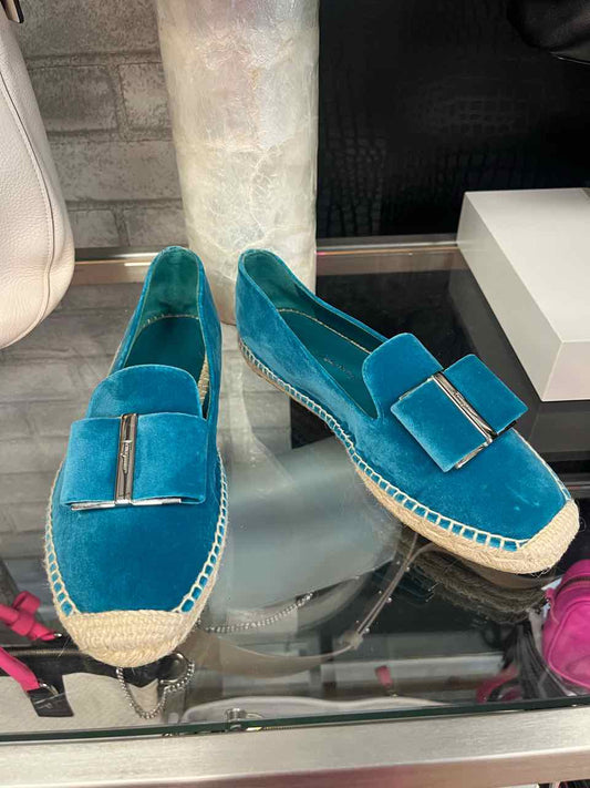 Ferragamo Teal Velvet  espadrille flats with a silver-tone Gancini bow detail