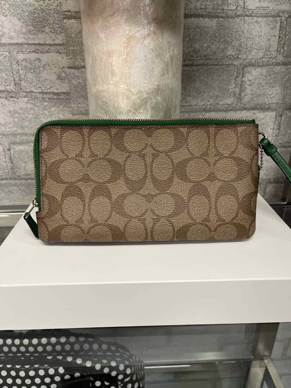 Coach wristlet wallet with brown monogram and green with Blue
