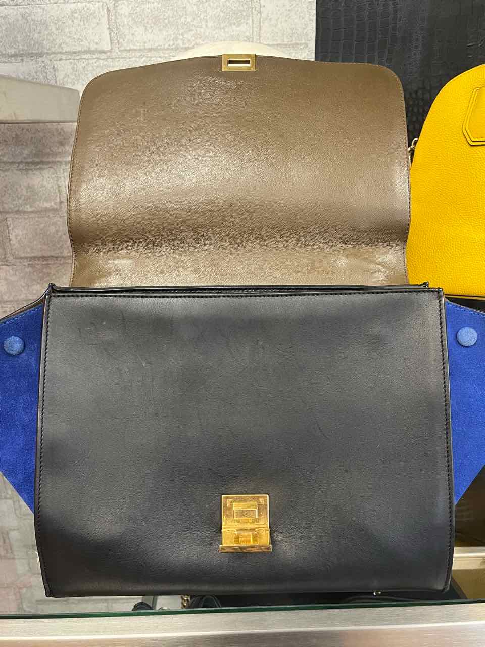 Celine Trapeze Tri Color Calfskin Leather & Blue Suede Purse