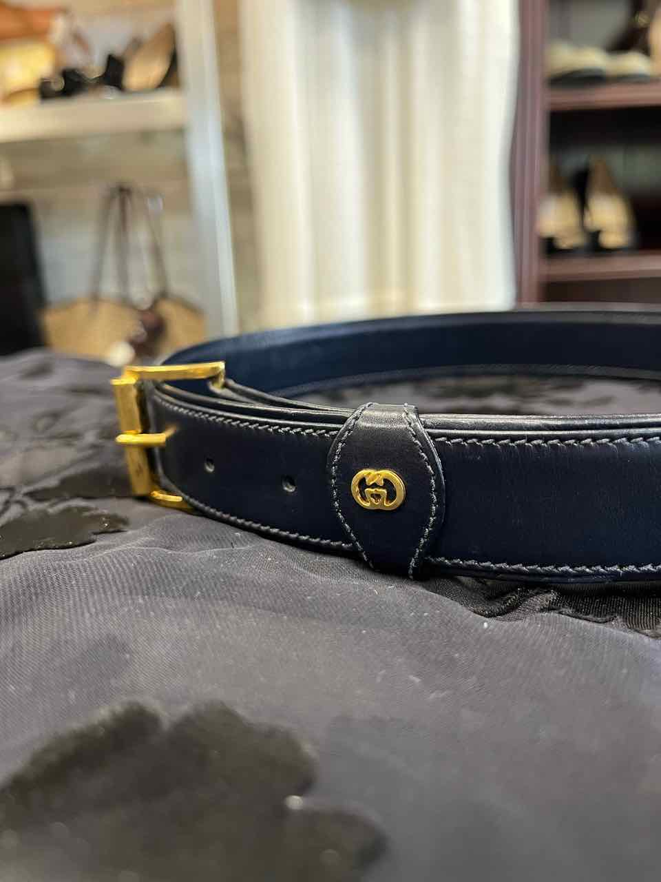 Gucci Leather Belt Vintage Navy Blue Gold Hardware