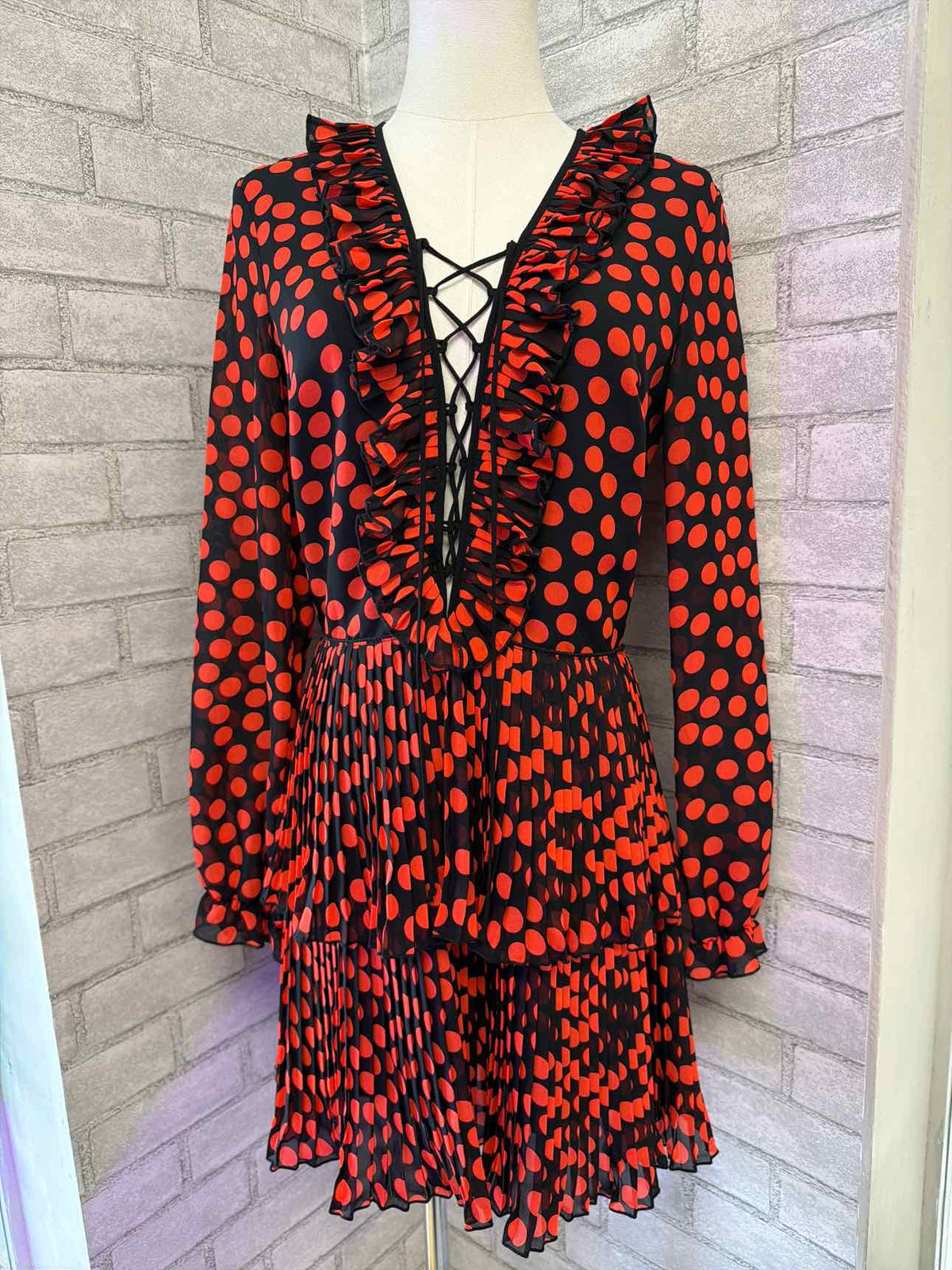 Delfi Small Red and Black Spotted Ruffle Dress w/ Lace Up Bodice