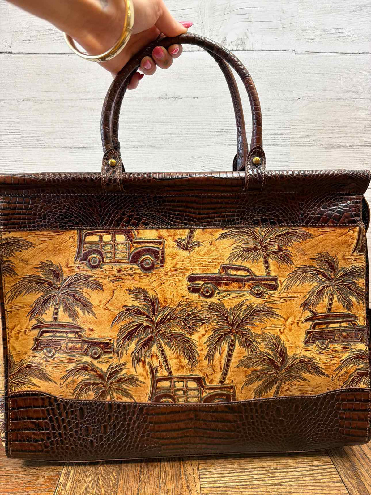 Brahmin brown croc embossed leather with tropical car print palm tress designs