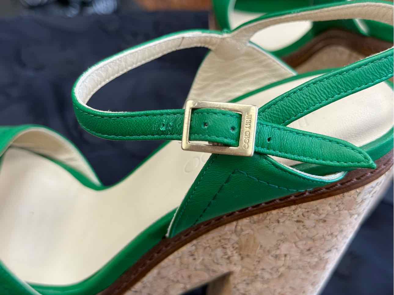 JIMMY CHOO CORK WEDGE SANDAL EMERALD GREEN