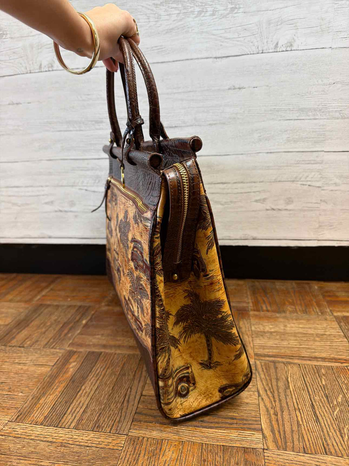 Brahmin brown croc embossed leather with tropical car print palm tress designs