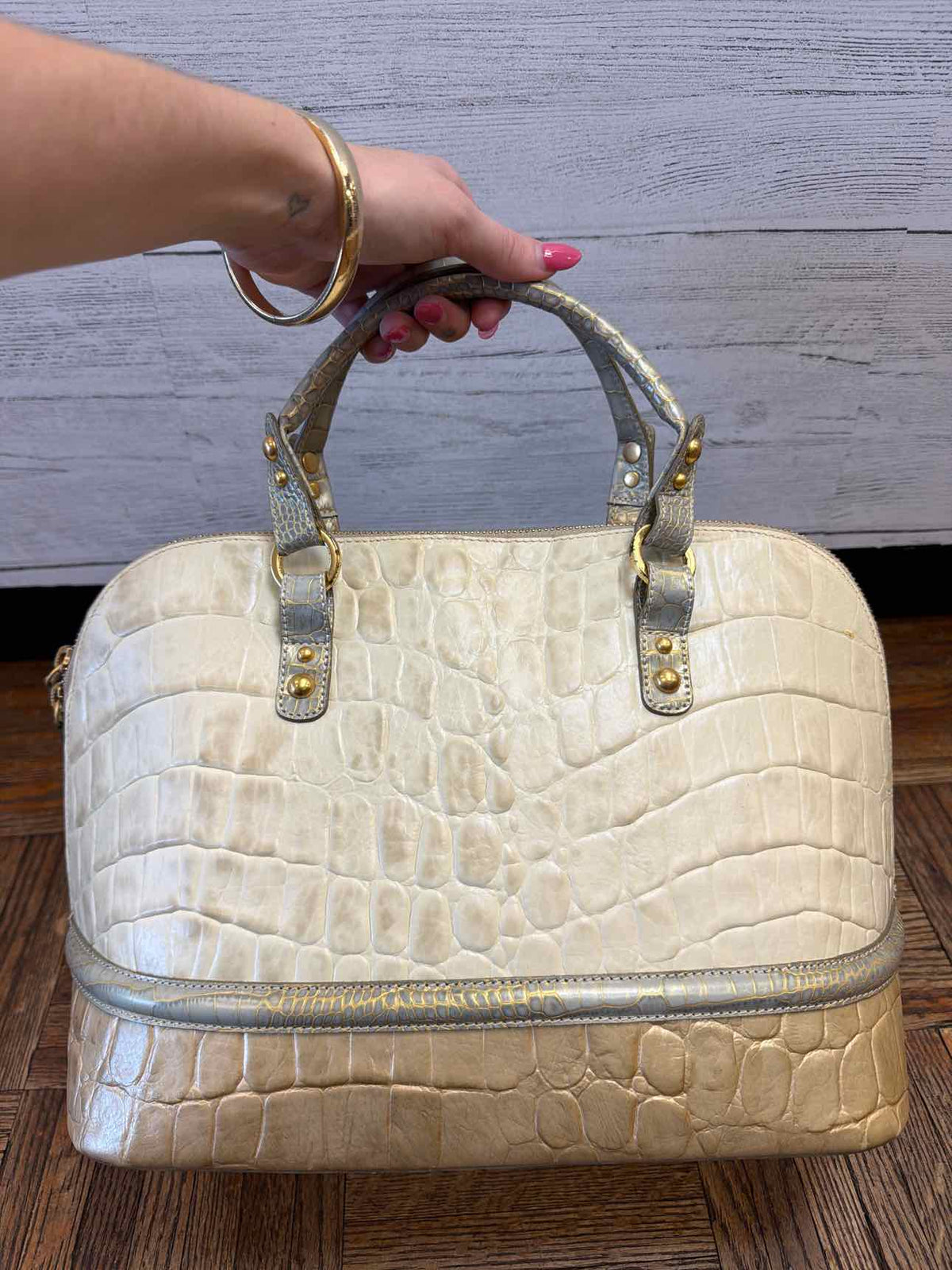 Brahmin cream and taupe croc embossed leather dome satchel