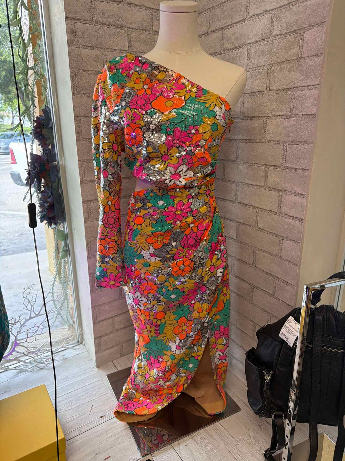 Elliatt Small Silver, Orange, Pink, Yellow, Green Sequined Flower Pattern Dress