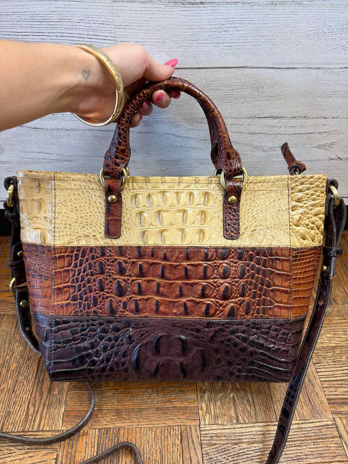 Brahmin tri color croc embossed leather satchel