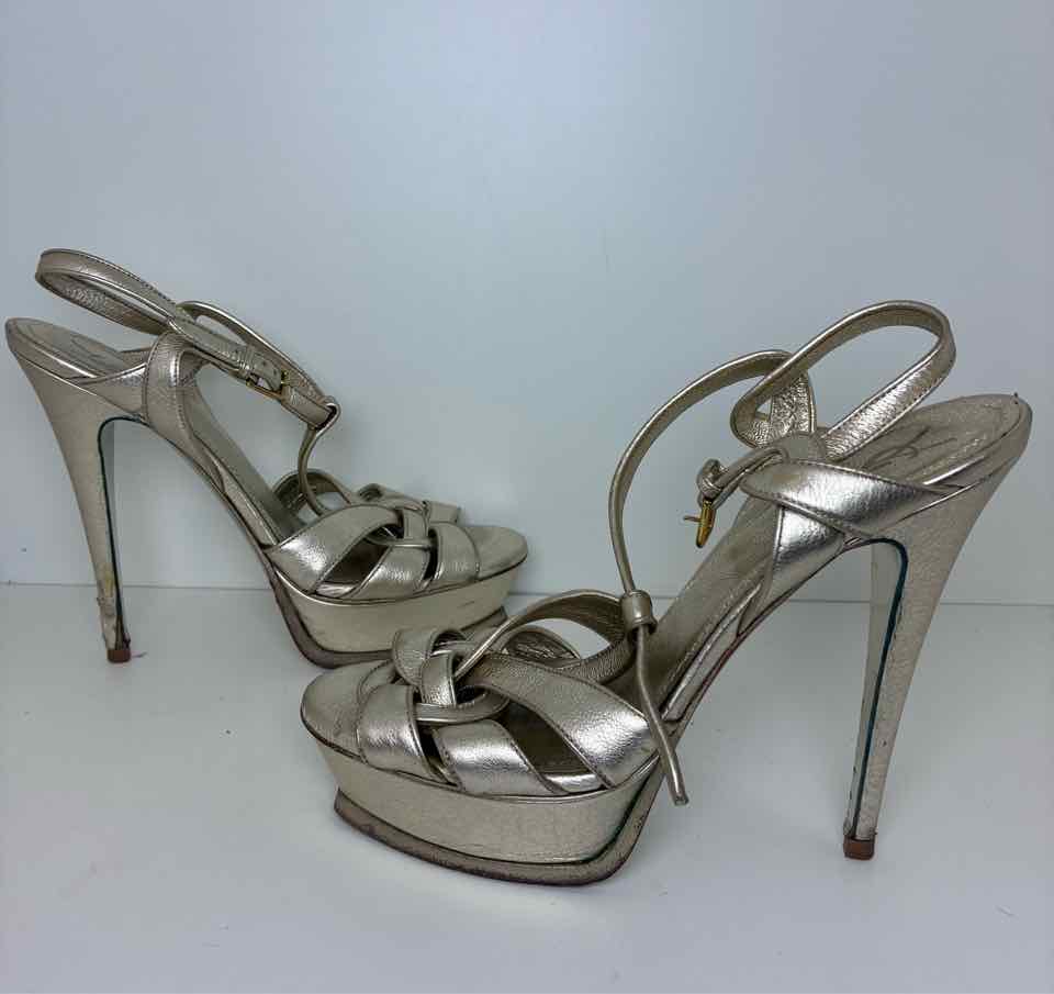 ysl Size 40 Leather Metallic Gold Platform Heels