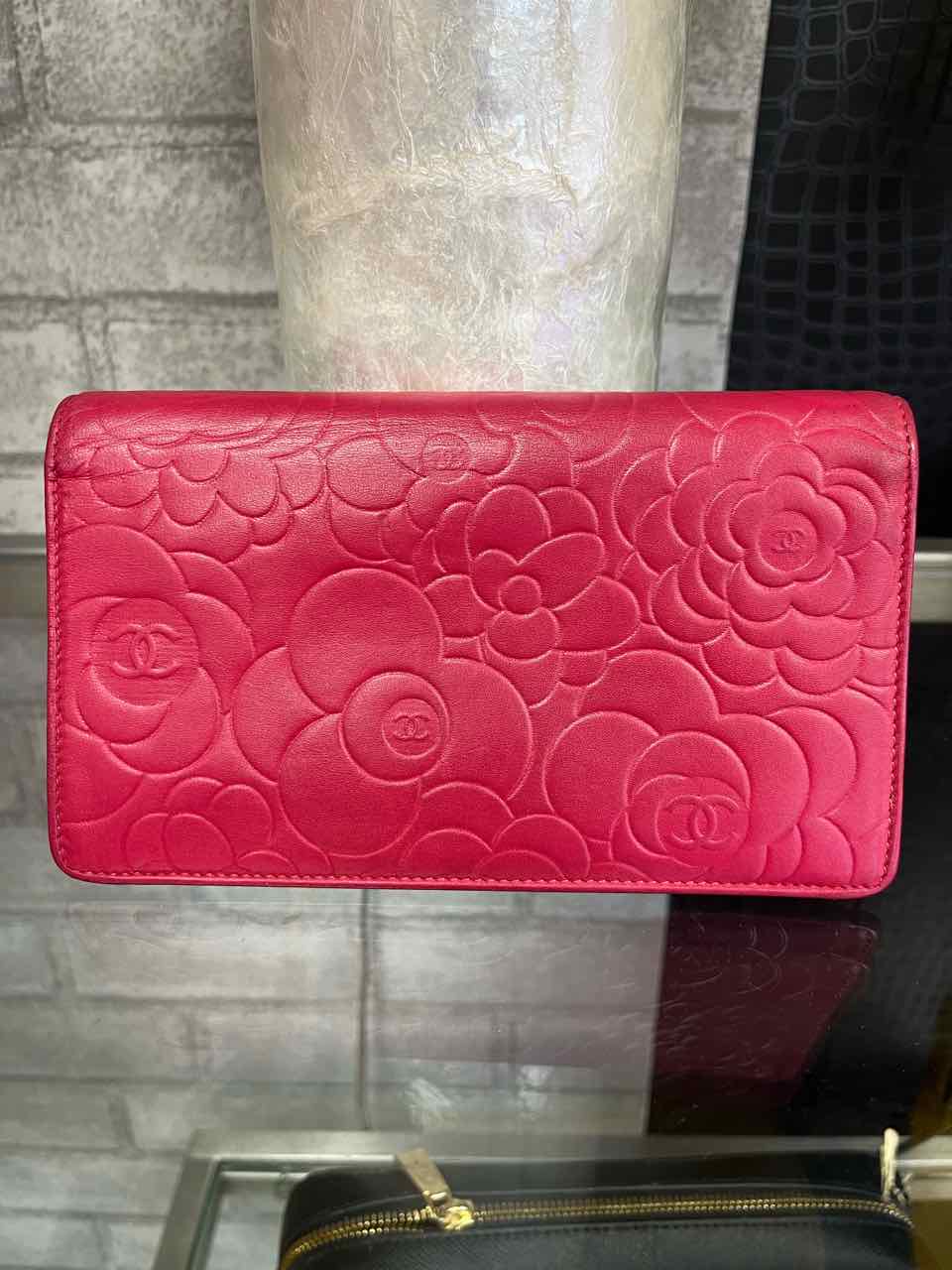 Chanel Vintage Pink/Fuchsia Lambskin Camellia Embossed Long Wallet