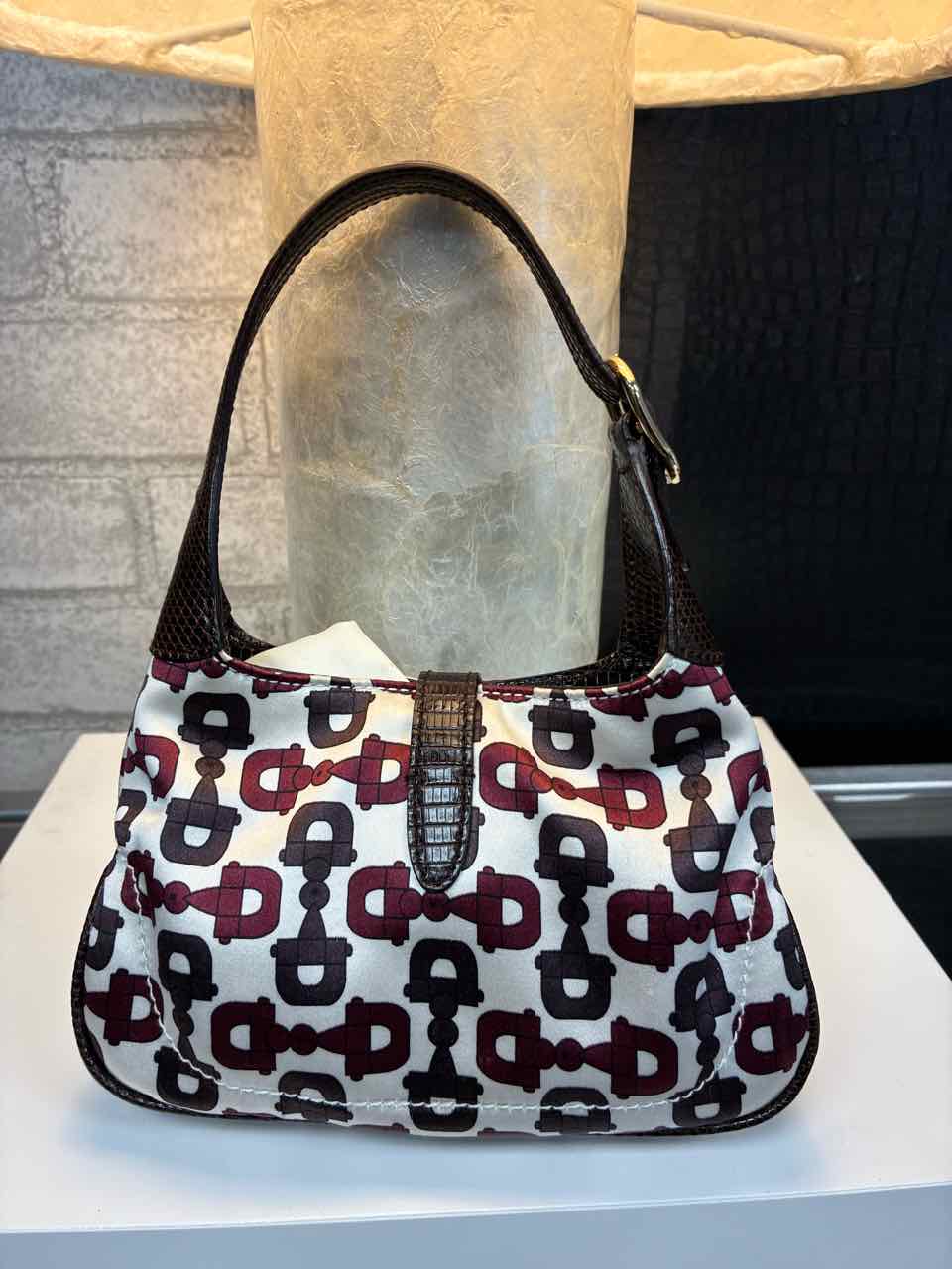 Gucci Satin with Lizard Trimmed Mini Jackie Horsebit Bag in Brown and Burgundy