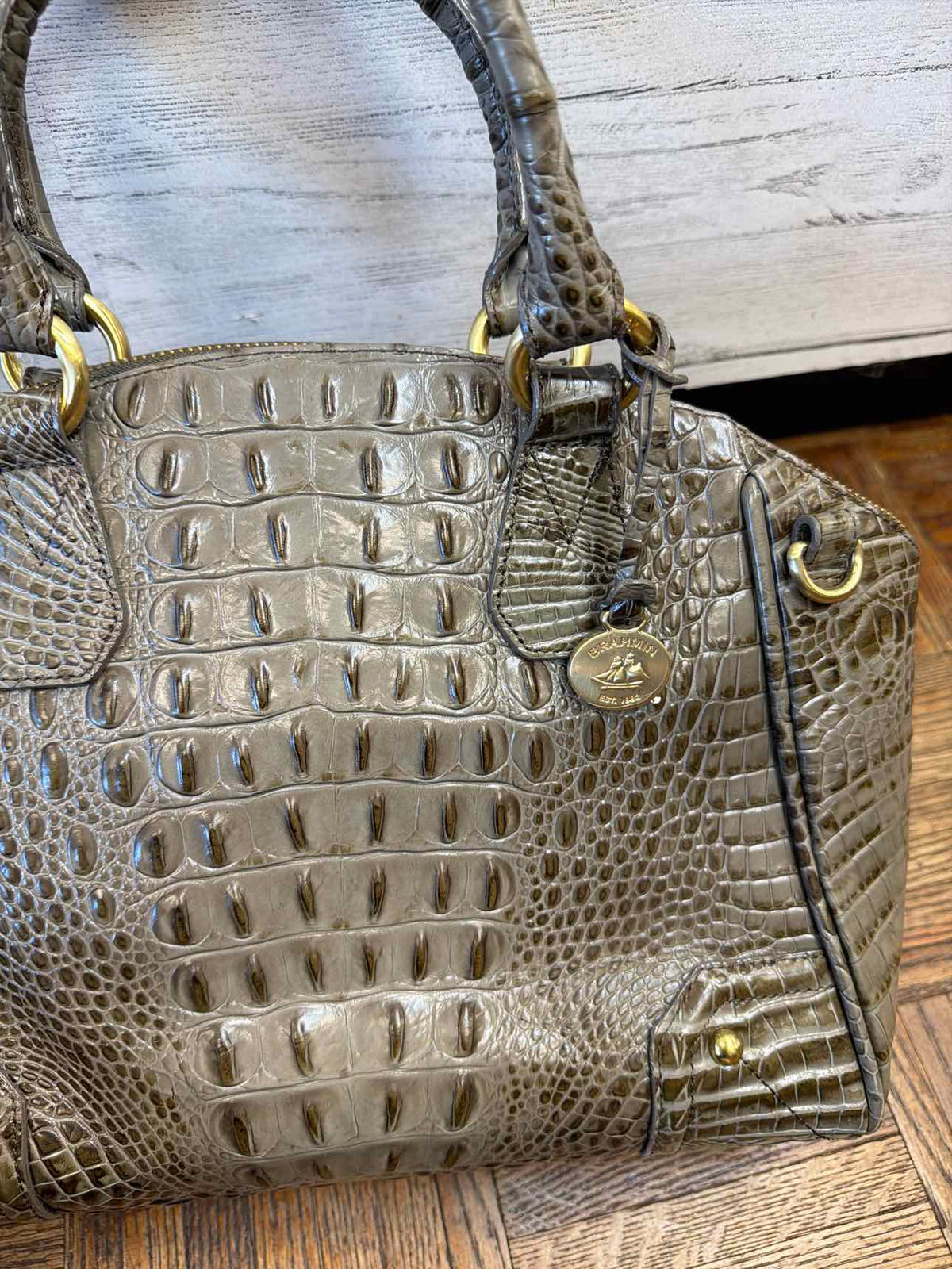 Brahmin taupe croc embossed leather satchel handbag