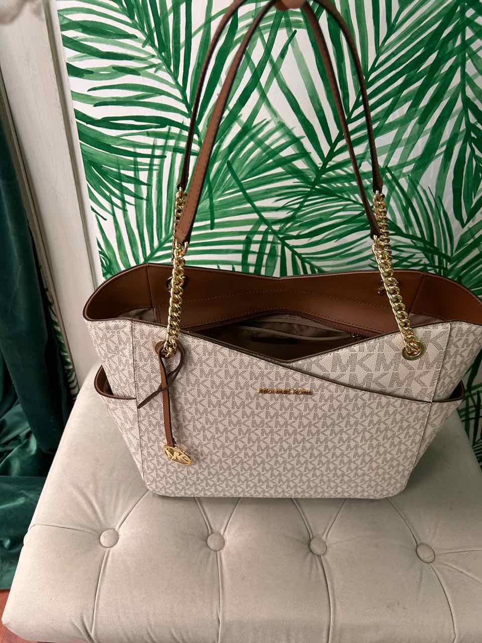 Michael Kors Cream Logo Printed Shoulder Tote Architectural Shape Gold Hardware