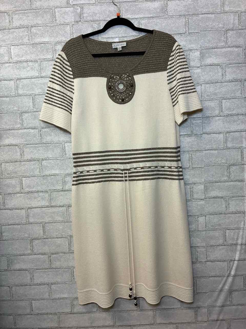 St. John Ivory & Taupe Dress w/ Beads and Tie L