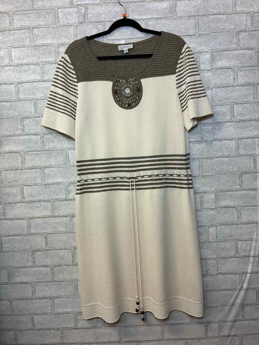 St. John Ivory & Taupe Dress w/ Beads and Tie L