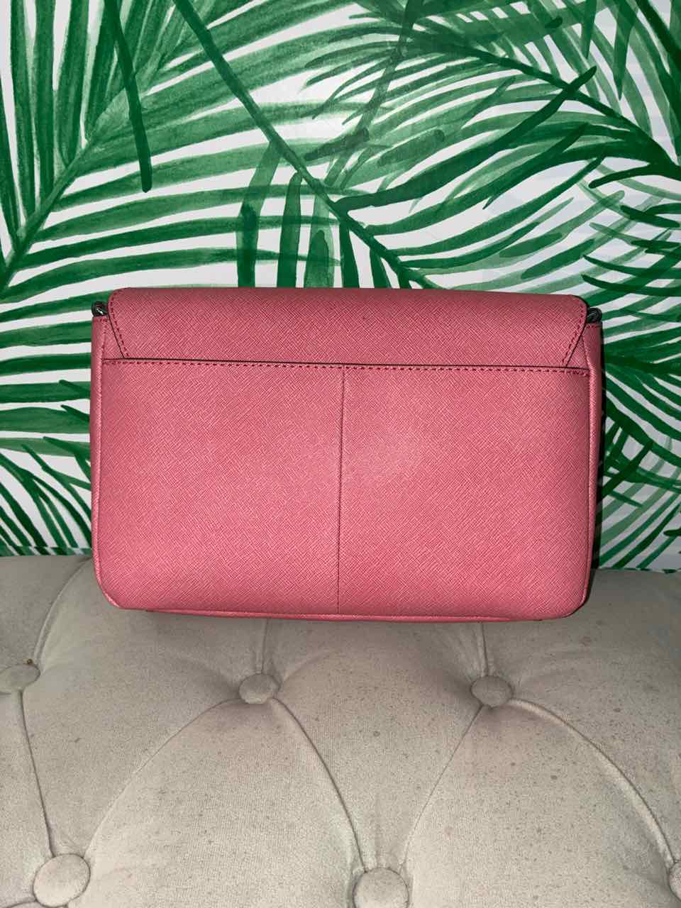 Karl Lagerfeld Pink Leather Crossbody Bag w/ Scalloped Flap and Faux Pearls