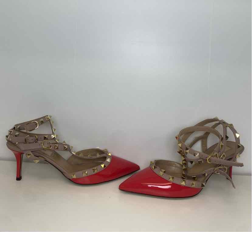 Valentino Size 37.5 Red/Coral Patent Leather Rockstud Pumps w/ Nude Ankle Strap