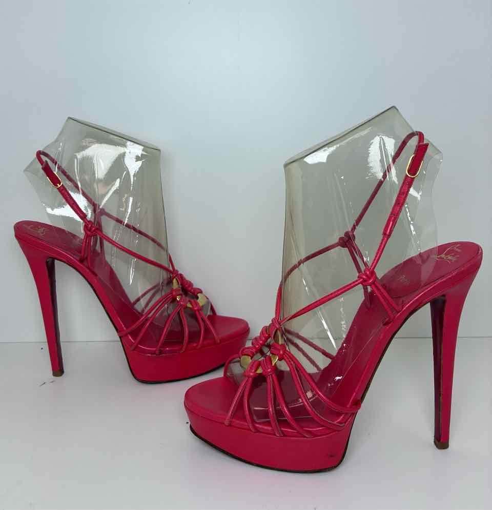 Louboutin Size 8.5 Coral Strappy Stilettos with Gold Buckle