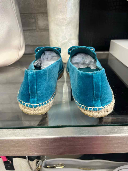 Ferragamo Teal Velvet  espadrille flats with a silver-tone Gancini bow detail