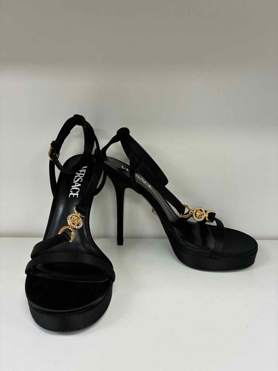 Versace Medusa '95 Embellished Black Satin Sandals 115 mm Size 36