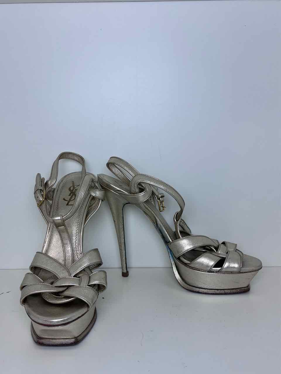 ysl Size 40 Leather Metallic Gold Platform Heels