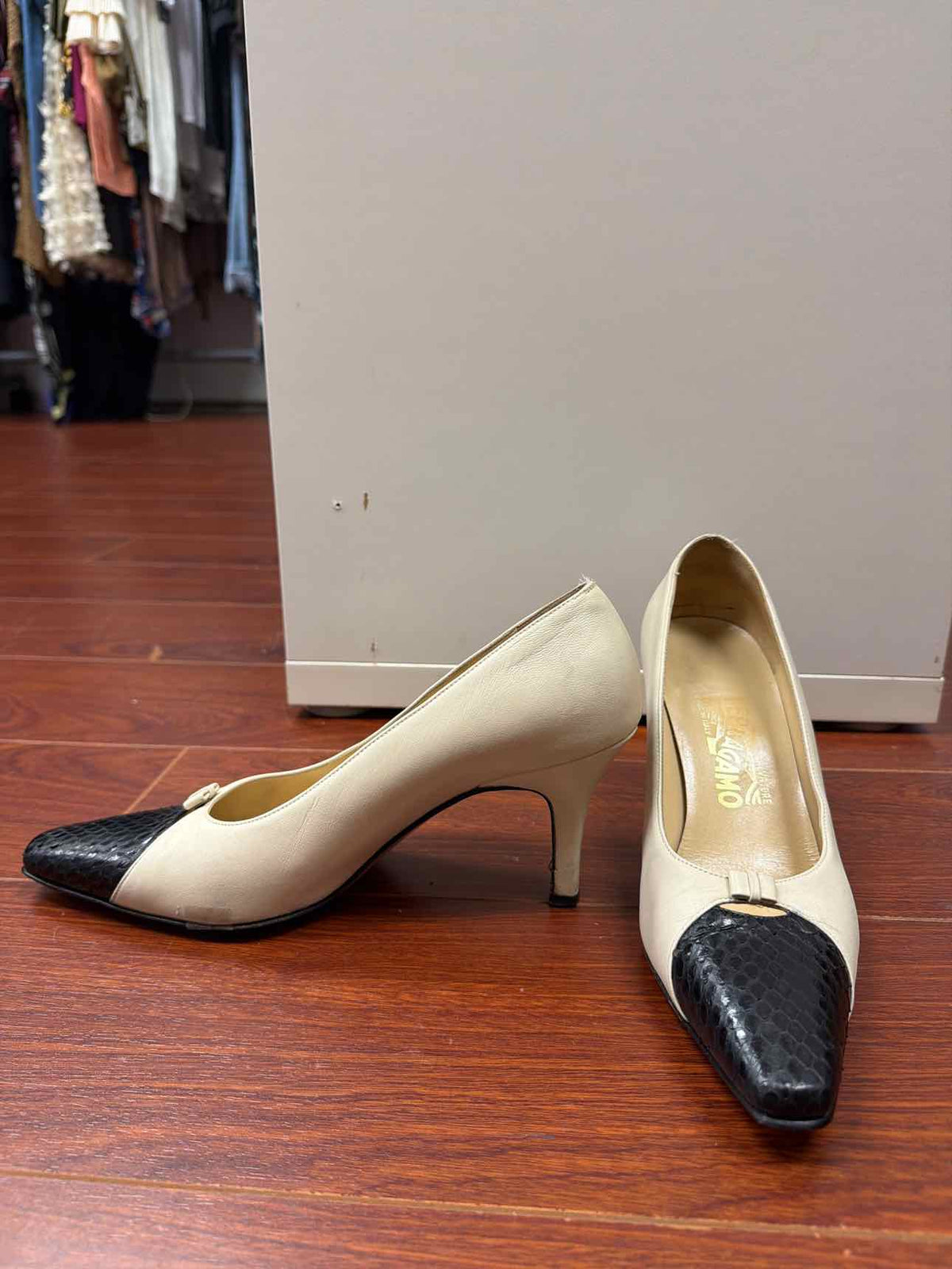 Ferragamo white and black heels