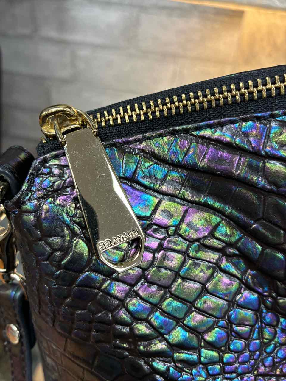 Brahmin Large Black Mother of Pearl Croc-Embossed Duxbury Satchel