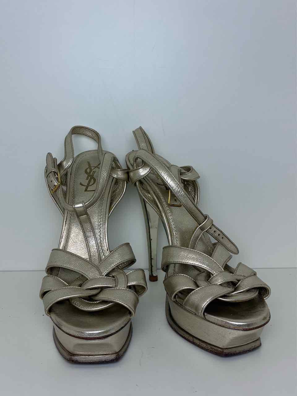 ysl Size 40 Leather Metallic Gold Platform Heels