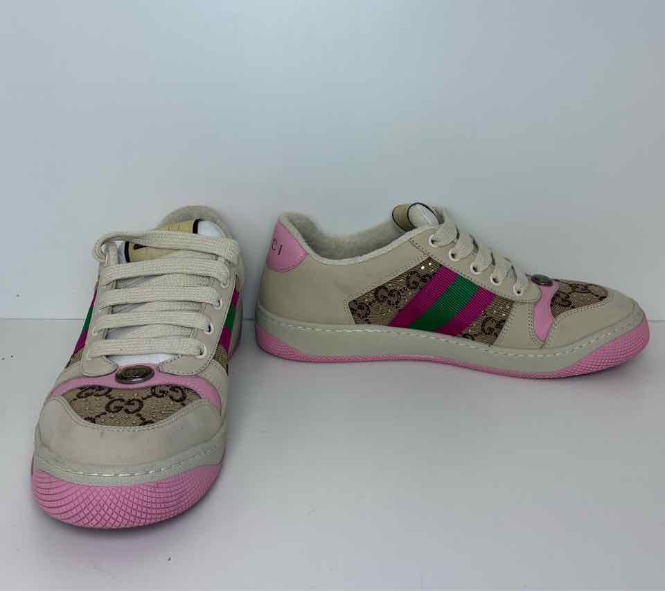 Gucci Size 38 1/2 Beige and Pink Screener Sneakers w/ GG Canvas and Crystals