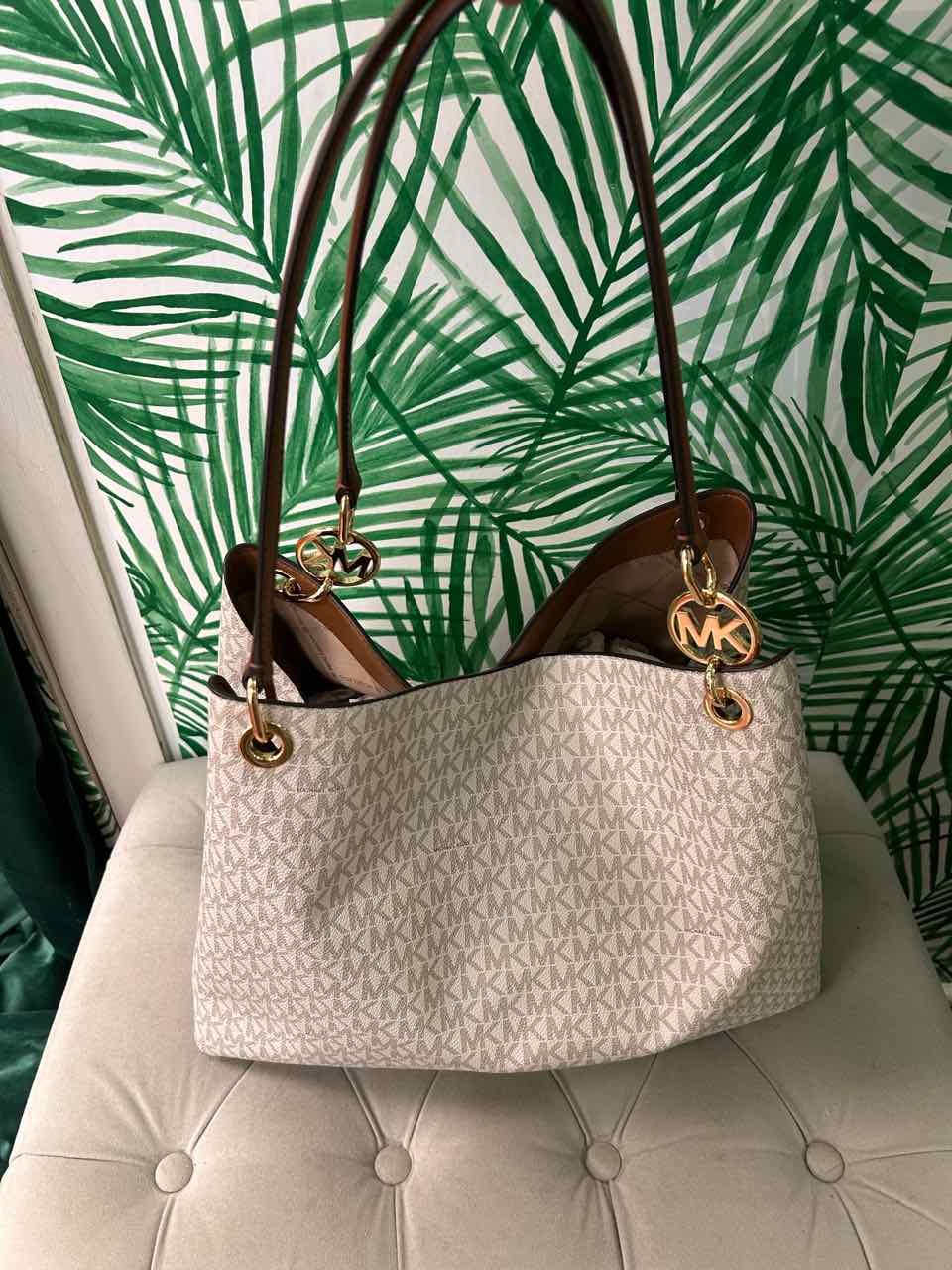 Micheal Kors Cream Kensington Large Shoulder Logo Print Bag w/ Brown Leather