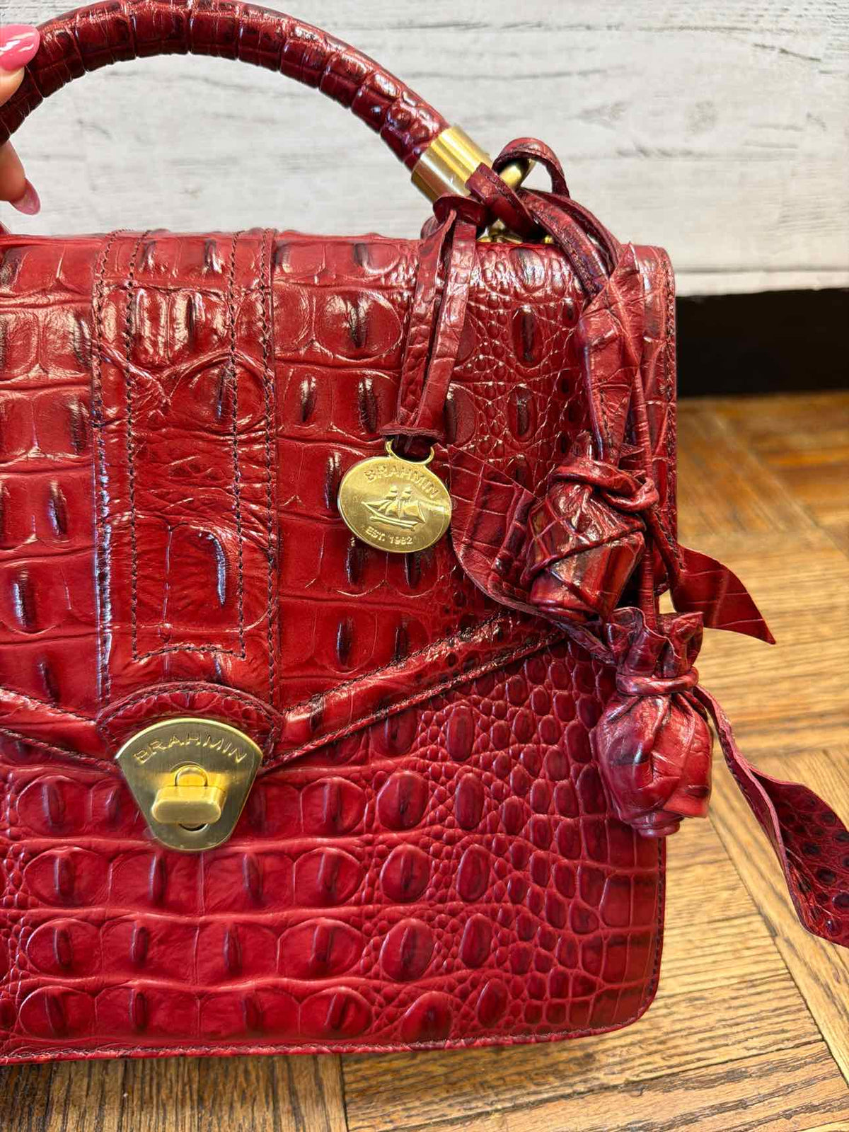 Brahmin red croc embossed leather top satchel handle