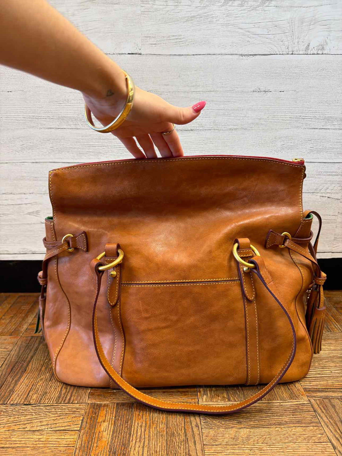 Dooney & Bourke tan leather flap satchel handbag