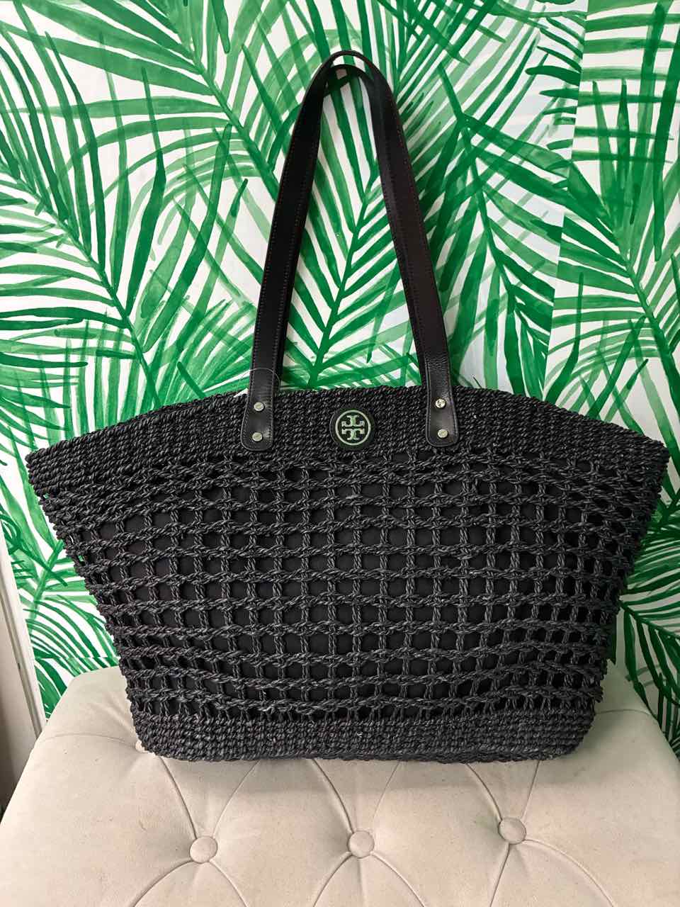Tory Burch Black Twisted Straw Wicker Tote Bag Purse