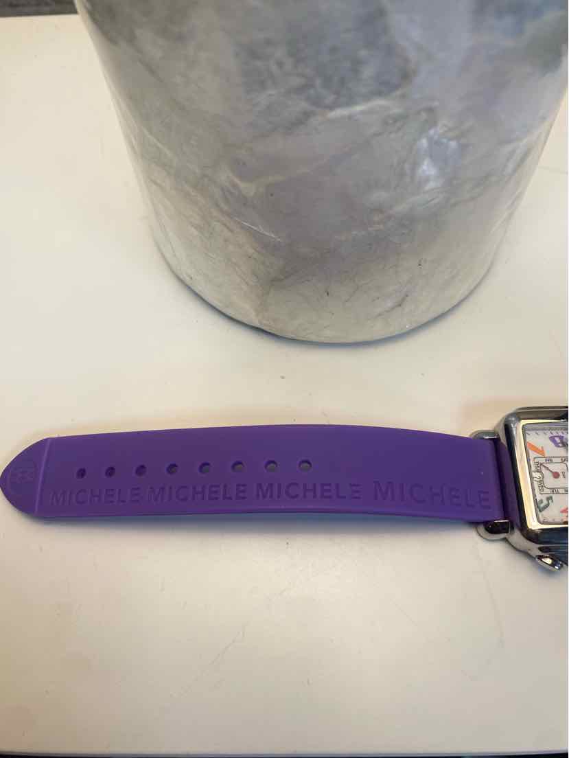 Michele Carousel Square Watch w/ Multicolor Numbers and Purple Silicone Strap