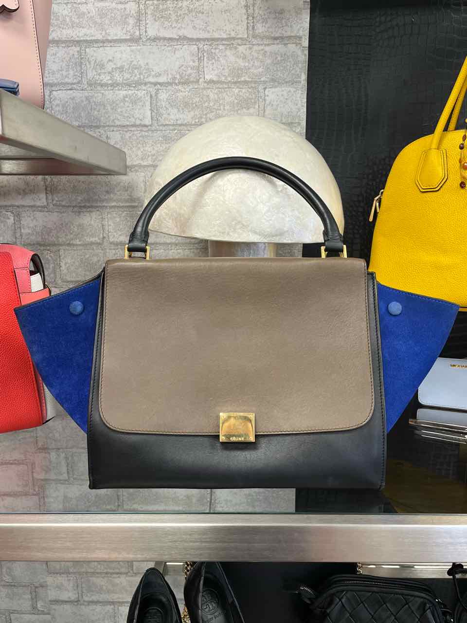 Celine Trapeze Tri Color Calfskin Leather & Blue Suede Purse