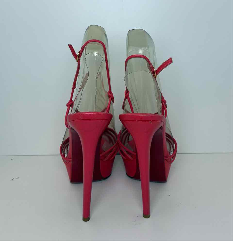 Louboutin Size 8.5 Coral Strappy Stilettos with Gold Buckle