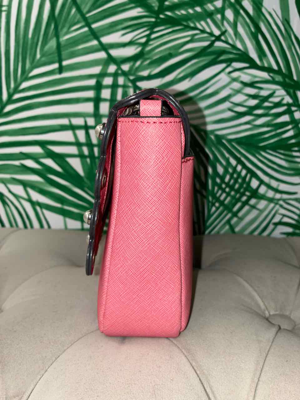 Karl Lagerfeld Pink Leather Crossbody Bag w/ Scalloped Flap and Faux Pearls