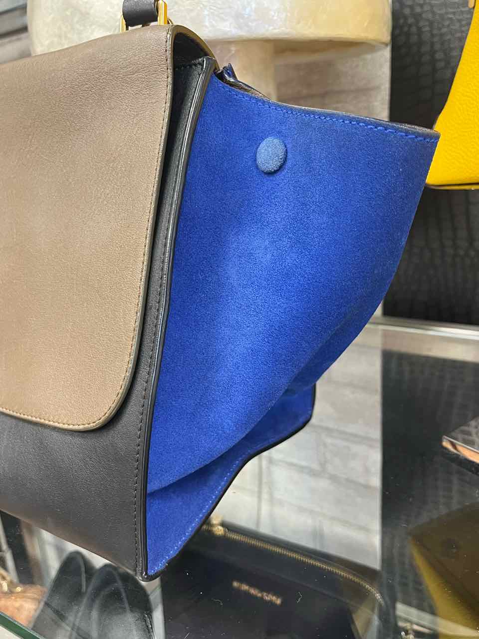 Celine Trapeze Tri Color Calfskin Leather & Blue Suede Purse