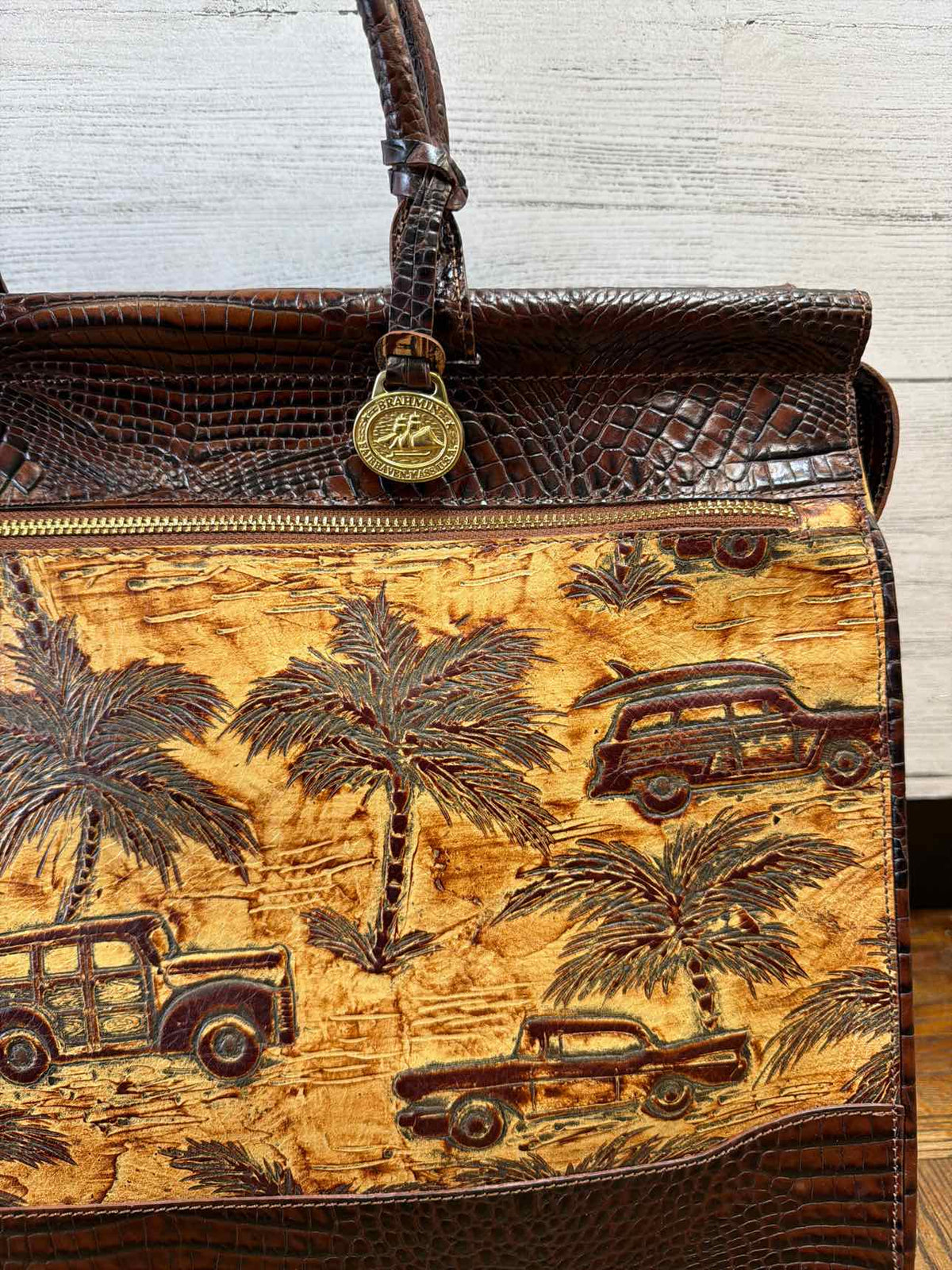 Brahmin brown croc embossed leather with tropical car print palm tress designs