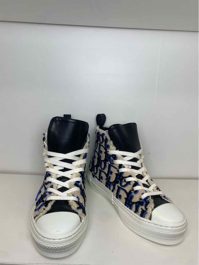 Dior Size 39 B23 High Top Beige, Black, and Blue Dior Oblique Fuzzy Sneakers