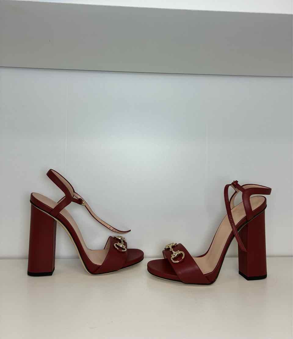 Gucci Heels w/ Horsebit Detail Red Leather Block Heel Ankle Strap Size 38