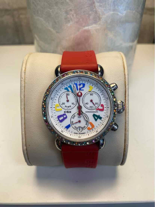 Michele Carousel CSX Watch w/ Multicolor Bezel and Numbers and Red Silicone Band