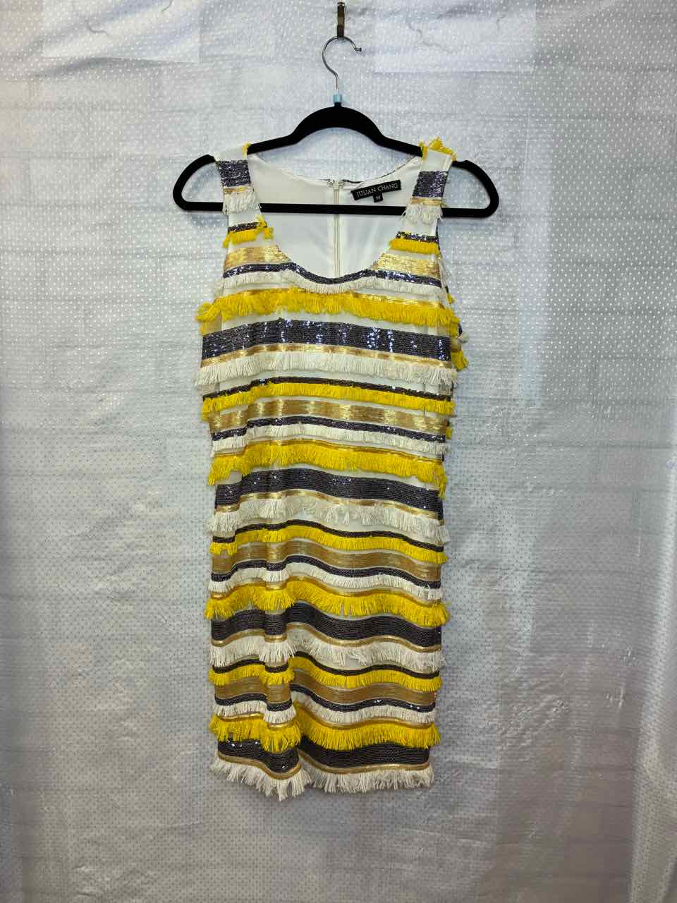 Julian Chang yellow and cream fringe with black and gold sequin Dress M